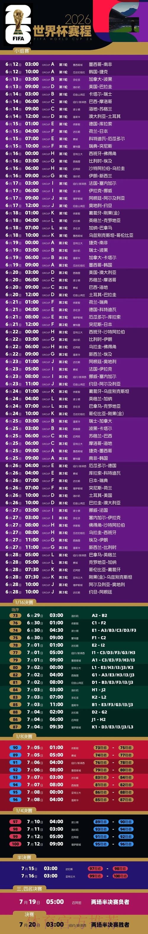 2026世界杯每日赛程高清版完整安排在哪里看